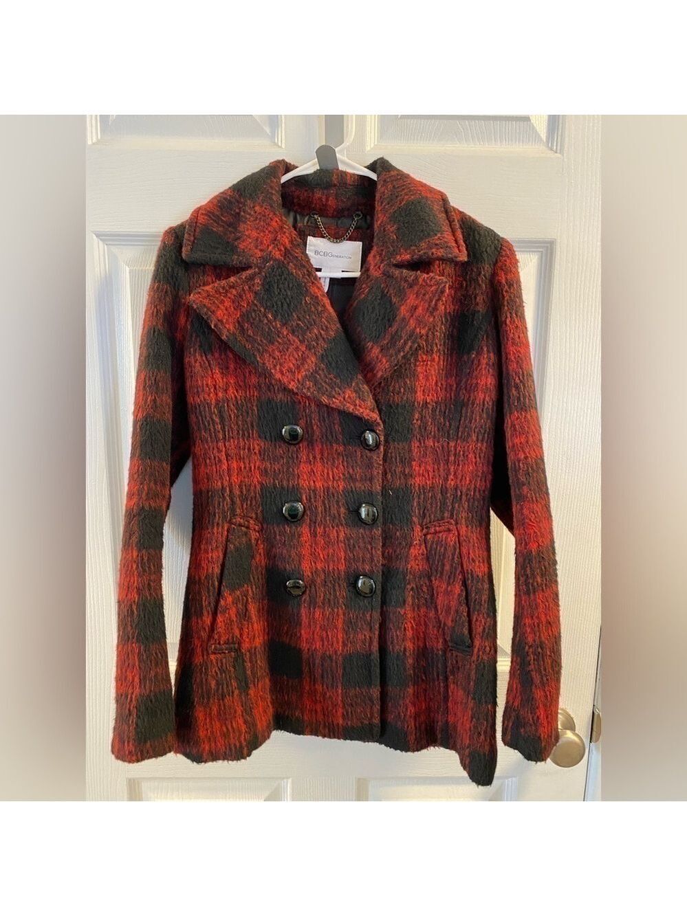 BCBG red & black Buffalo check pea coat